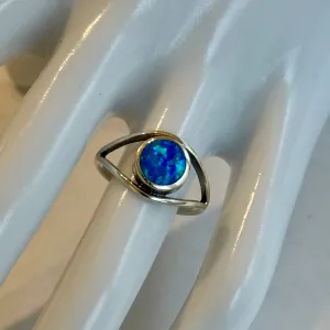 Unique Eye Ring Circle Blue Lab Opal Sterling Silver Size 7
