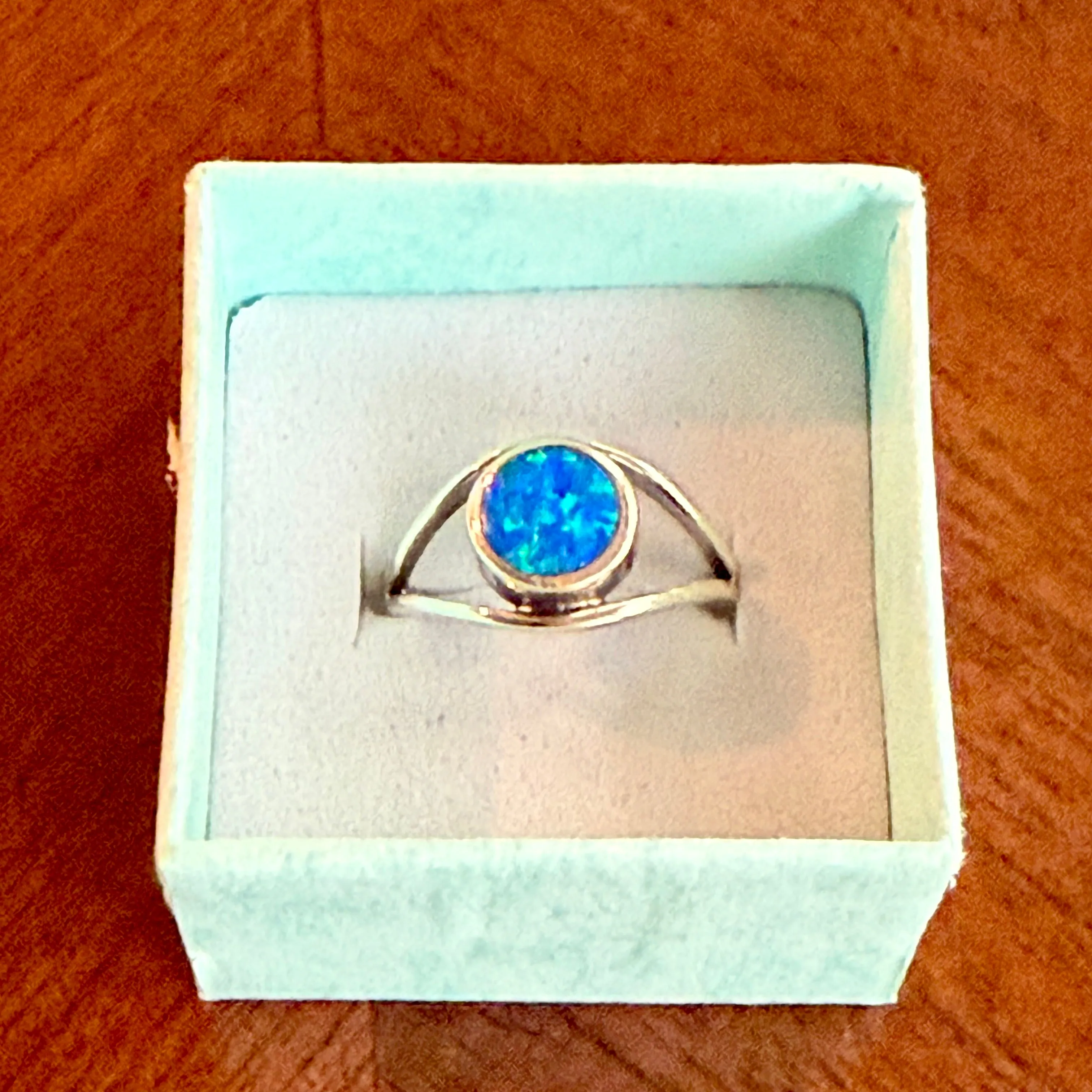 Unique Eye Ring Circle Blue Lab Opal Sterling Silver Size 7