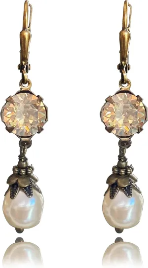 Vintage Lever back Earrings for Women Simulated Pearl Austrian Crystal Dangle Drop Victorian Antique Inspired - Jewelry Gift for Her