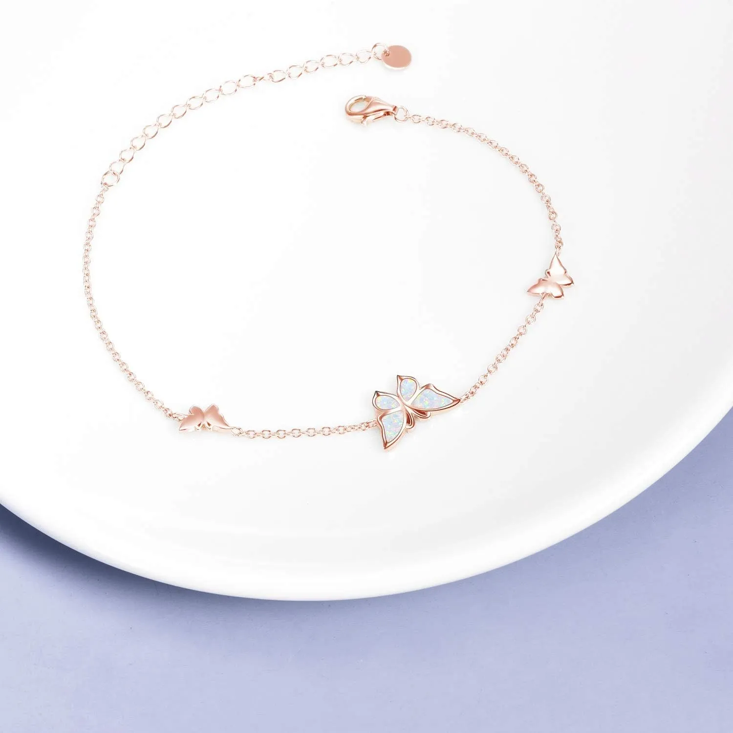 WINNICACA Sterling Silver Butterfly Bracelet Anklet Created Opal Butterfly Jewelry Gifts for Women Birthday Christmas Day Gifts