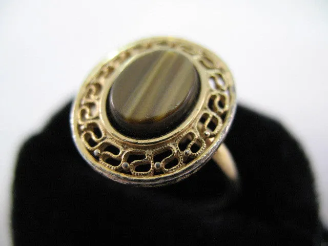 Womens Metal Gold Tone Natural BROWN AGATE? STONE OBLONG ADJUSTABLE RING 7-8-9