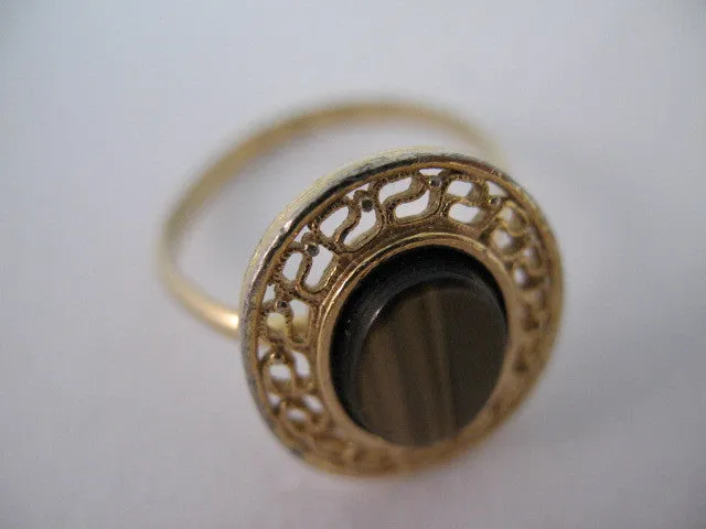 Womens Metal Gold Tone Natural BROWN AGATE? STONE OBLONG ADJUSTABLE RING 7-8-9