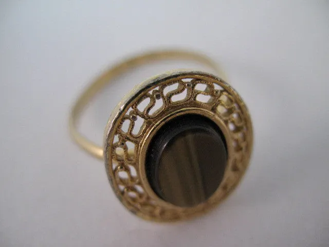 Womens Metal Gold Tone Natural BROWN AGATE? STONE OBLONG ADJUSTABLE RING 7-8-9
